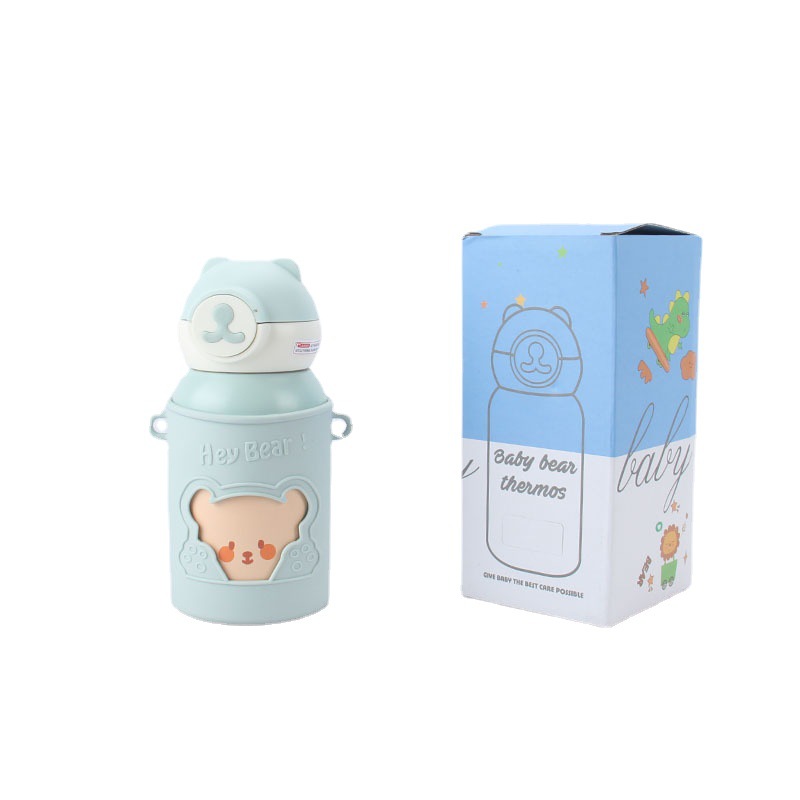 Bear Version Head Cute Student Boys And Girls Strap Children Pot Straw Silicone Sleeve Stainless Steel Insulated Water Cup Small Fresh 1 Item Picture
