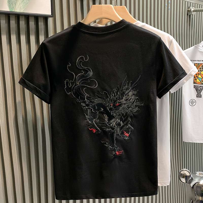 Casual fashion brand, national trend Heavy Industry, Qilin embroidery, high-end, light luxury men's T-shirt, short-sleeved, internet-famous bestseller, half-sleeved T-shirt Application Scenario