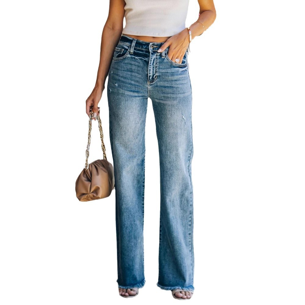 European and American ripped washed jeans 2025 Women's Amazon export high-waisted wide-leg fringed straight-leg loose trousers Item Picture