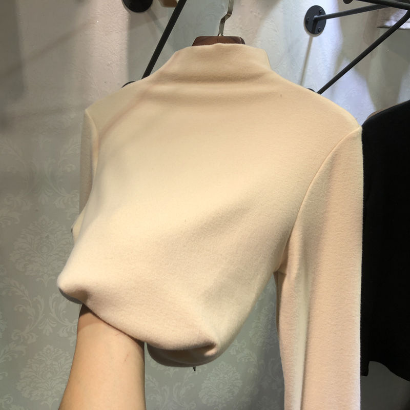 German velvet warm base layer solid color women's autumn and winter Korean-style fleece fitted long-sleeved T-shirt women's top wholesale details Picture