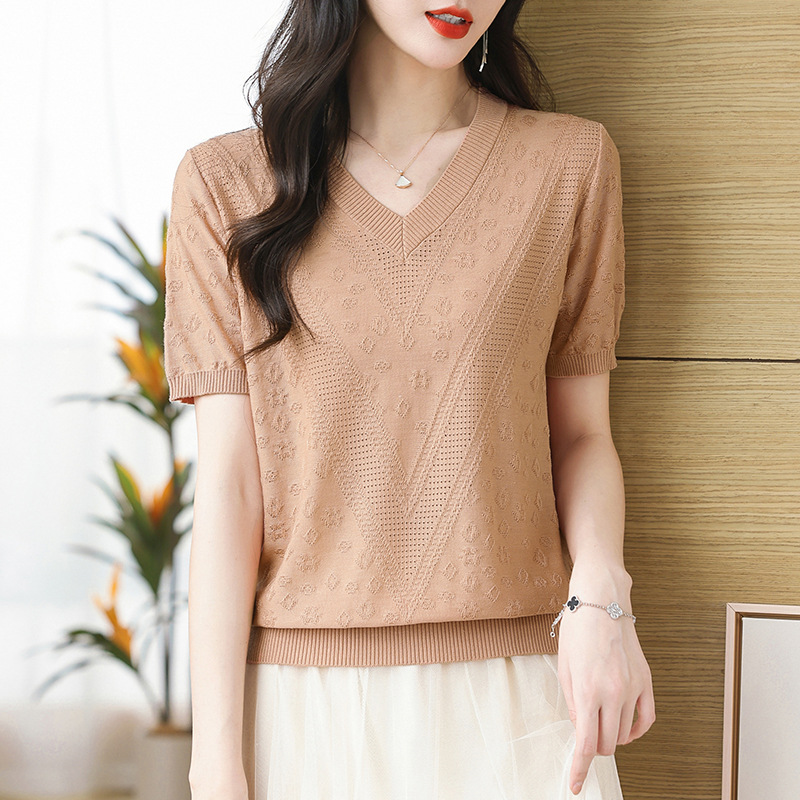 Lyocell Tencel top V-neck thin knitted sweater solid color short-sleeved T-shirt for women 2024 new style mom summer clothing consignment details Picture