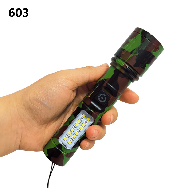 Cross-Border New Strong Light Zoom White Laser Flashlight Charging Portable Outdoor Lighting Warning Work Light Camouflage details Picture