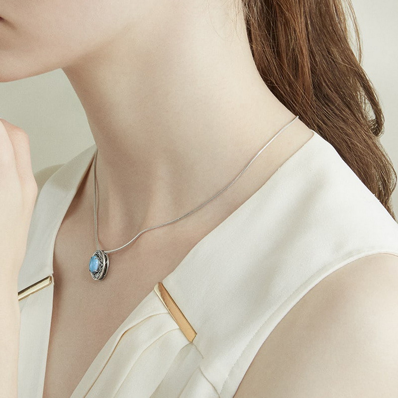 2023 New Geometric Synthetic Turquoise Necklace Female Retro Style S925 Sterling Silver Plated Platinum Necklace A Generation Hair Specification drawing