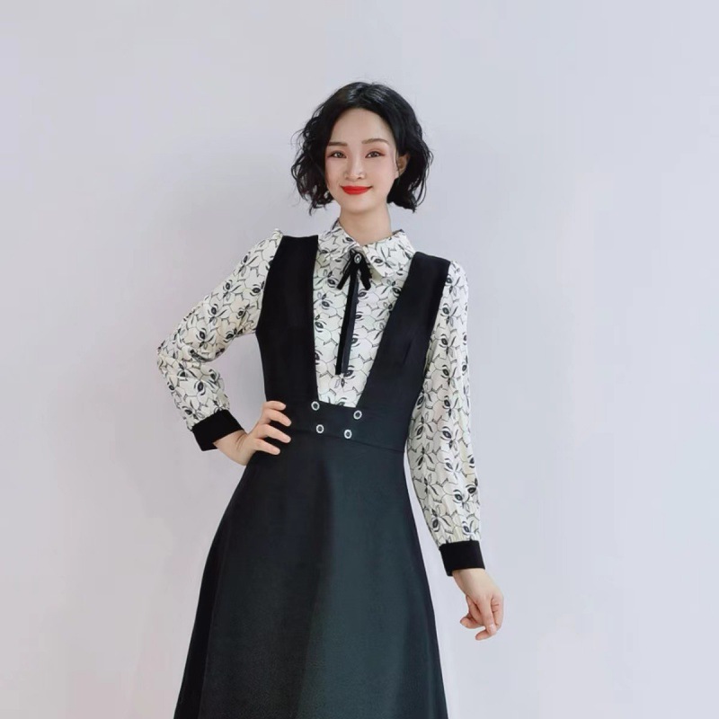 A002 春秋时尚假两件马甲中长款显瘦连衣裙JT