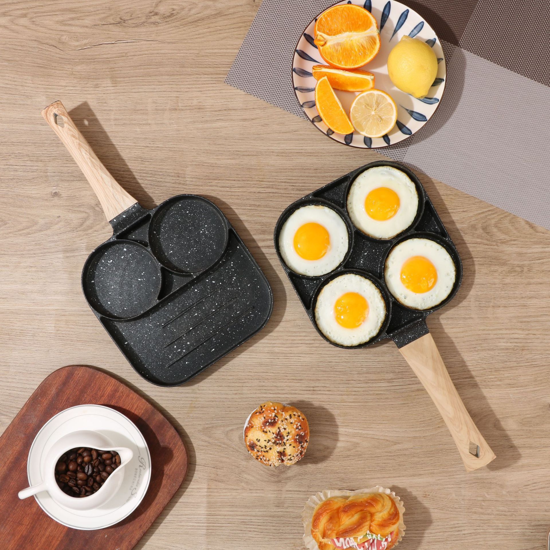 Household aluminum alloy four-hole egg frying pan, multi-hole tourmaline flat pan, anti-slip handle, non-stick pan, egg frying breakfast pan details Picture