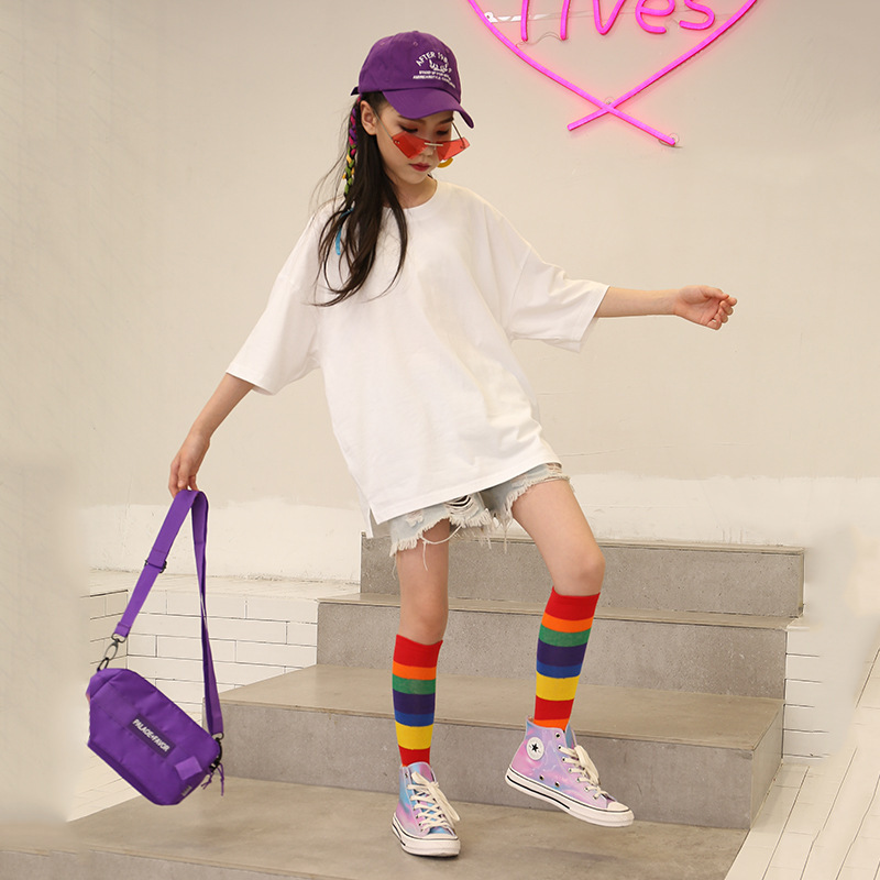 Girls' mid-calf socks, spring and winter rainbow cotton dance socks, student and baby knee-high stockings, children's pile stockings Application Scenario