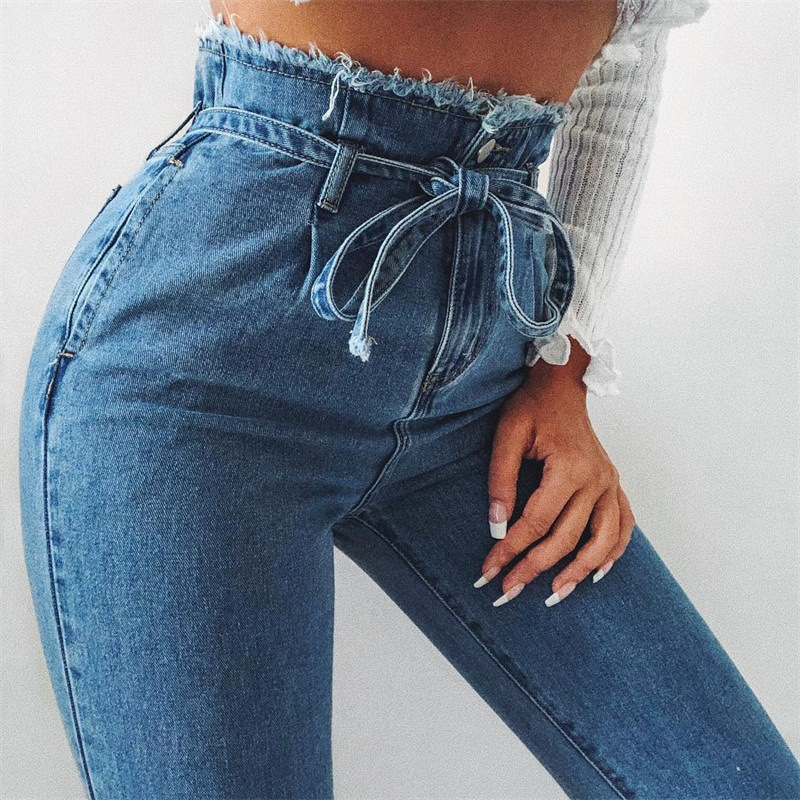 Cross-border wish Amazon AliExpress women's jeans flower bud high-waisted fringed lace-up jeans women's style cow