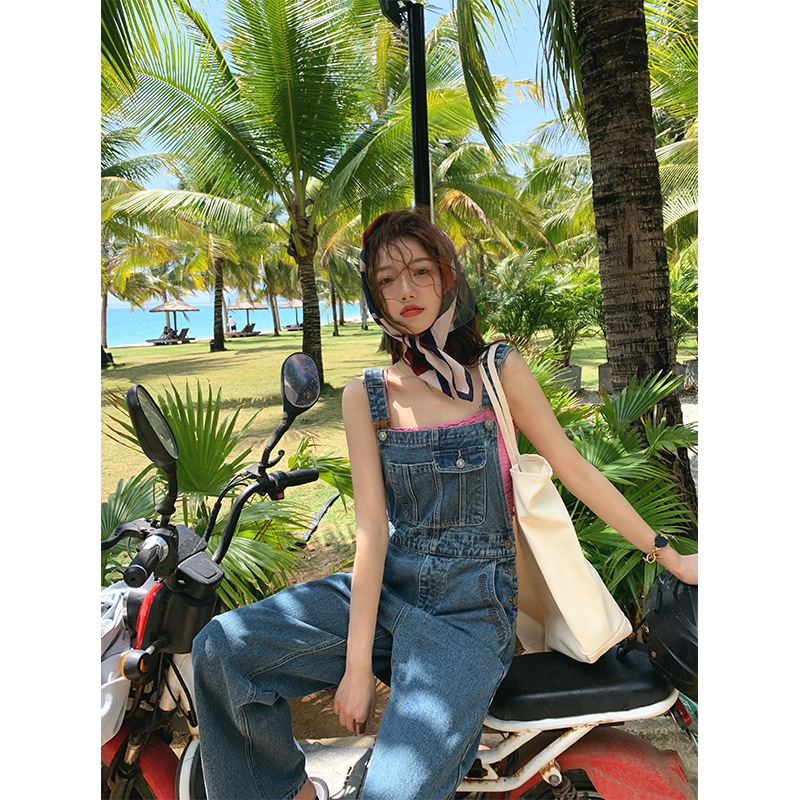 Hong Kong-style retro high-waisted denim pants with a unique design sense, loose and slimming overalls, summer thin women's wear Specification image