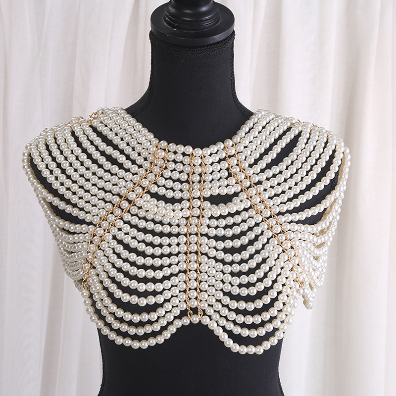 European and American cross-border retro hollowed-out pearl body chains, hand-strung and woven pearl shawls, dress clothing accessories