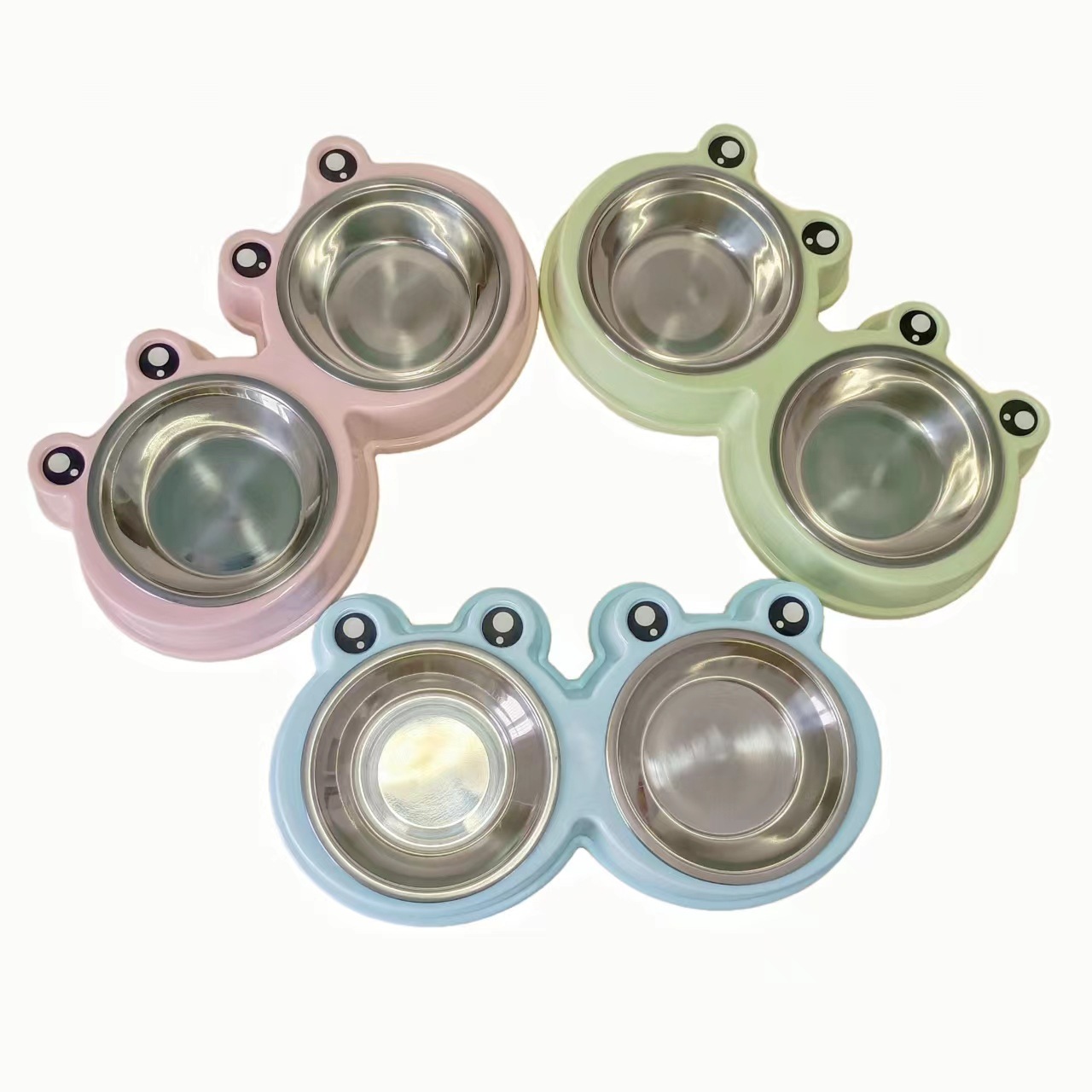 猫碗狗碗宠物碗批发猫狗吃饭喝水一体塑料不锈钢青蛙双碗宠物食具