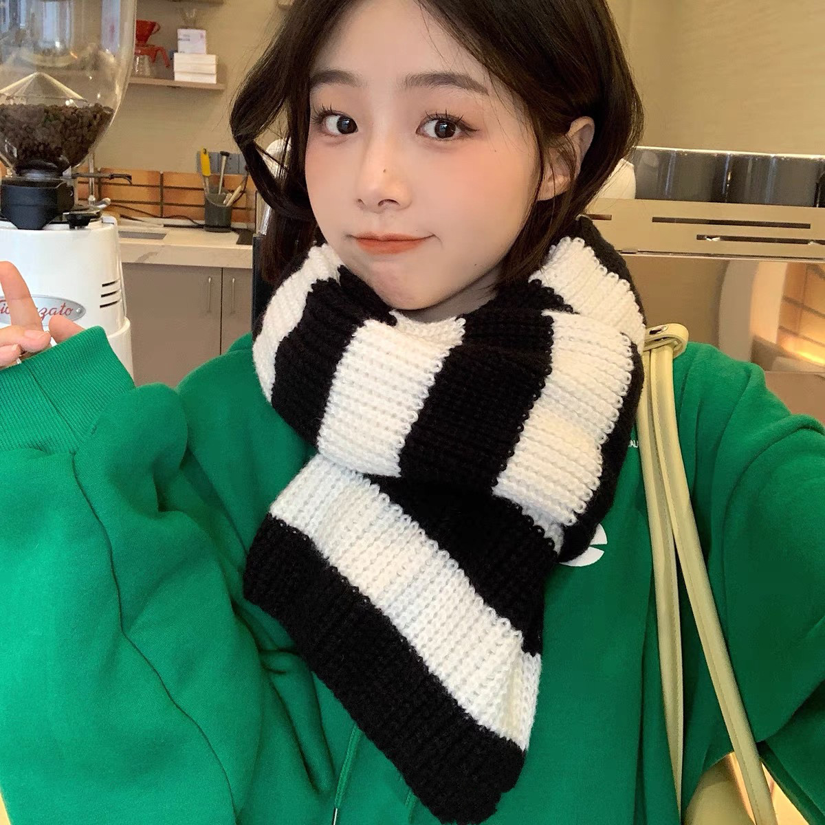 Korean Version Of The New Woolen Scarf Women's Autumn And Winter Day All Match White Warm Color Striped Knit Couple Neck details Picture