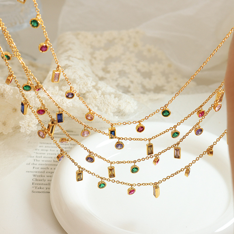 Non-fading light luxury ins style multi-color zircon jewelry set, tassel necklace, niche design titanium steel bracelet details Picture