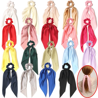 Spring new knotted long ribbon, solid-color satin triangular scarf, simple ponytail hair accessory and headwear for women and girls thumbnail