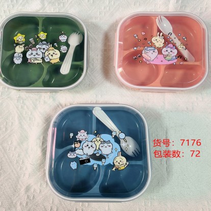 Cartoon printed lunch box water bottle set, portable compartments bento box, water cup with new fork and spoon children's lunch box wholesale full figure