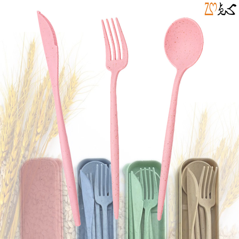 创意小麦秸秆便携餐具套装刀叉勺筷子学生上班族餐具四件套礼品