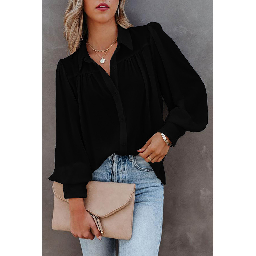 European and American solid-color thin pullover shirt, Amazon women's loose and versatile long-sleeved spring and autumn shirt 2552187 details Picture