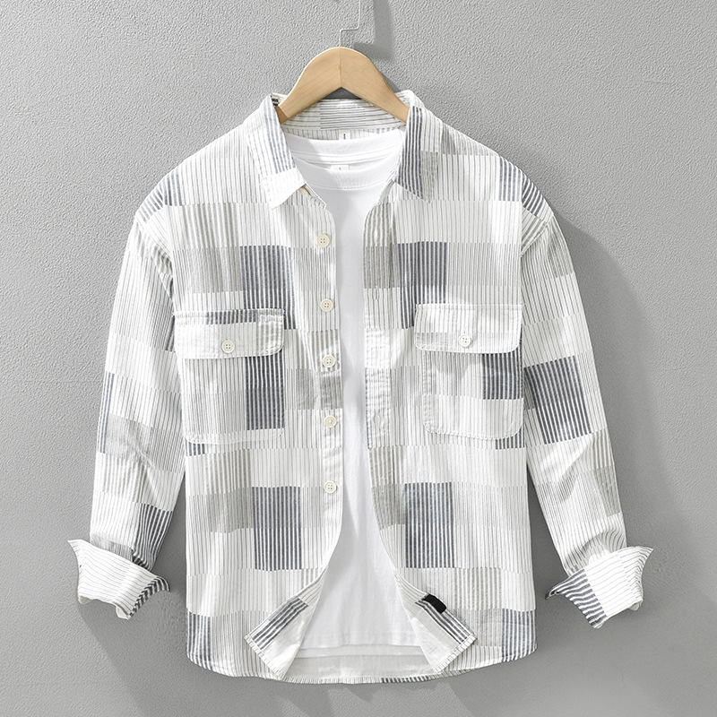 7321 Men's Japanese striped long-sleeved shirt, casual and versatile for young people, fashionable and artistic loose top, one-piece consignment