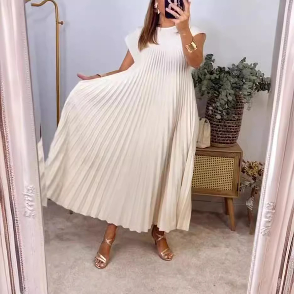New Amazon cross-border European and American fashion round-neck sleeveless pleated dress for women's long dress in Spring/Summer 2024 Specification image