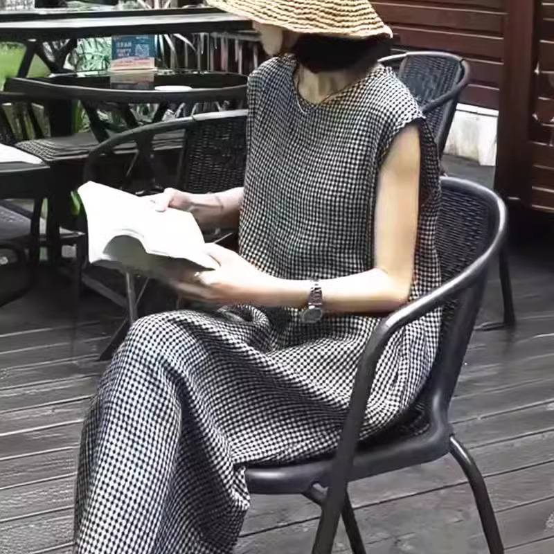 24157 Da Ai Mei Yi Yuan 2024 Summer New Stylish checked Long Dress Sleeveless casual Loose for women Specification image