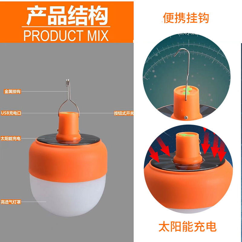 太阳能球泡灯家用户外/USB充电夜市灯地摊照明/应急灯户外照明露营产品图