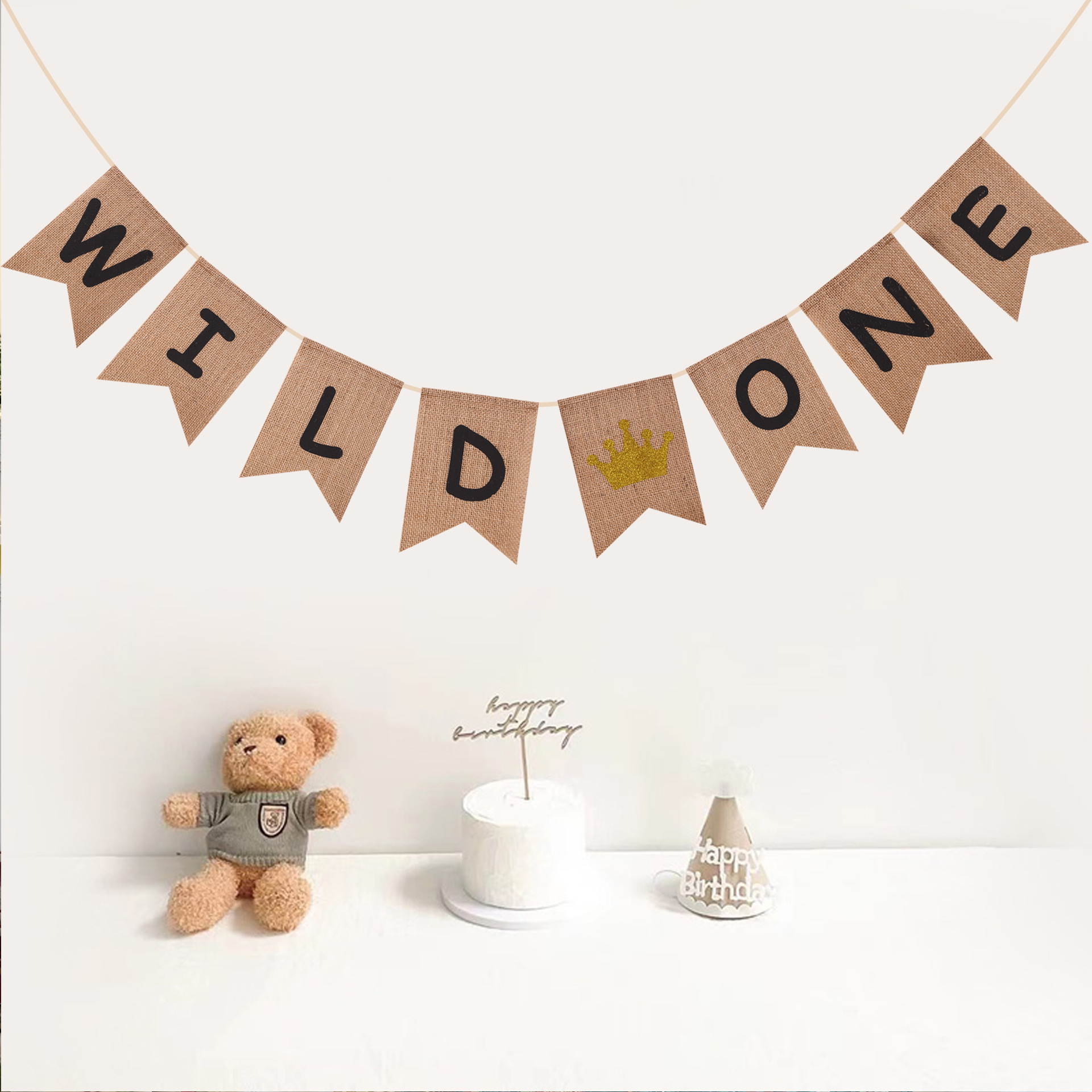 ONE baby's first birthday party decoration flag banner latte art 1 year old linen string flag 2 Swallowtail Flag