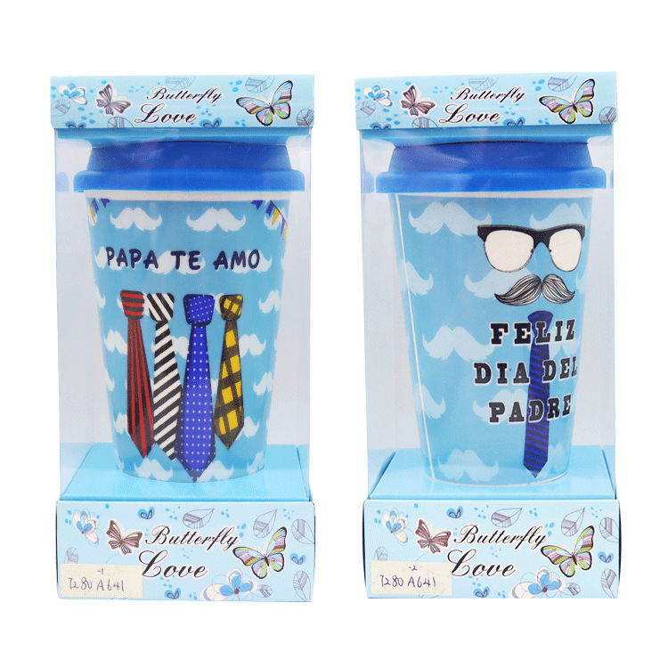 Festival gifts: Export ceramic cups, Father's Day gifts with silicone LIDS, handle spoons, large-capacity water cups, household milk cups Item Picture