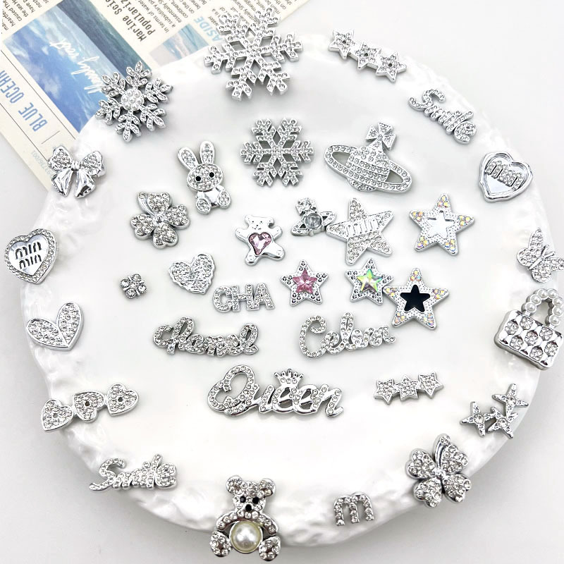 Silver heart-shaped bow letter diamond-encrusted jewelry accessory DIY phone case jewelry decoration Crocs shoe material details Picture