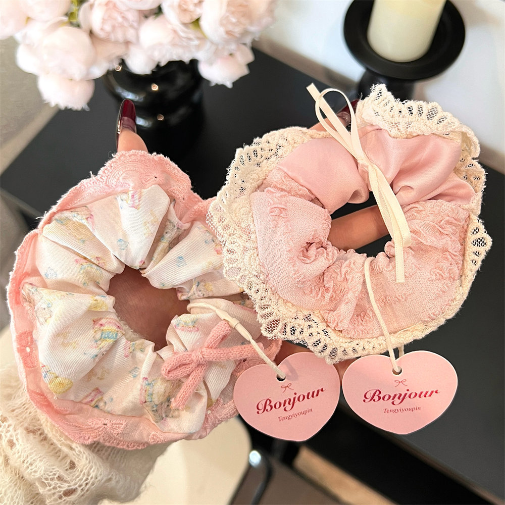 French lace-trimmed large intestine hair band, girlish hair tie, high-elasticity Korean cute hair accessory, bun hair details Picture