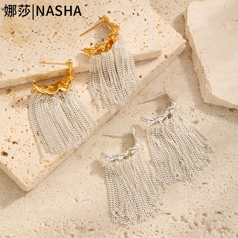 娜莎欧美跨境ins冷淡风流苏耳坠链条耳钉小众设计感撞色气质耳环