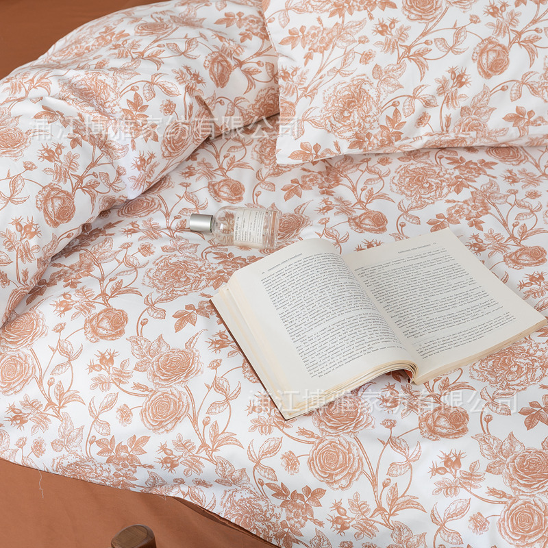 Factory wholesale new printed all-cotton four-piece set, simple plant and floral style 60-count pure cotton bed sheet, duvet cover and bedding details Picture