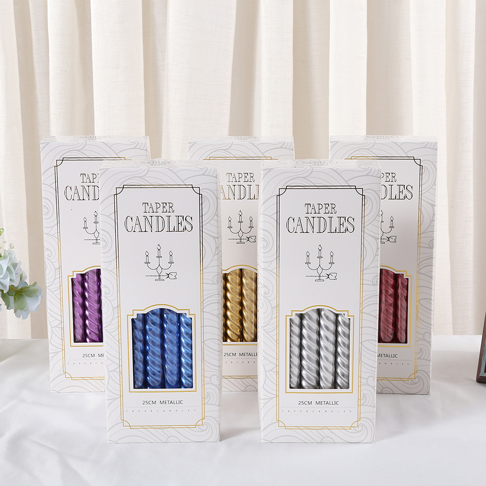 Electroplated threaded long pole candles, European-style colored smokeless pole wax birthday Western meal candlelight dinner cylindrical threaded box details Picture