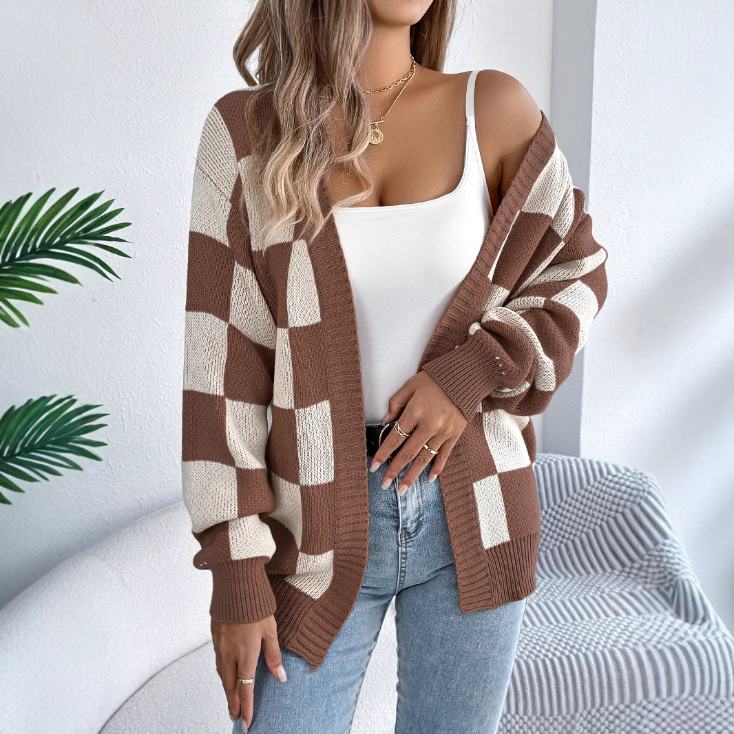 2025 European and American autumn/winter color-blocking checkered lantern-sleeved cardigan, mid-length coat, Amazon cross-border women's clothing Specification image