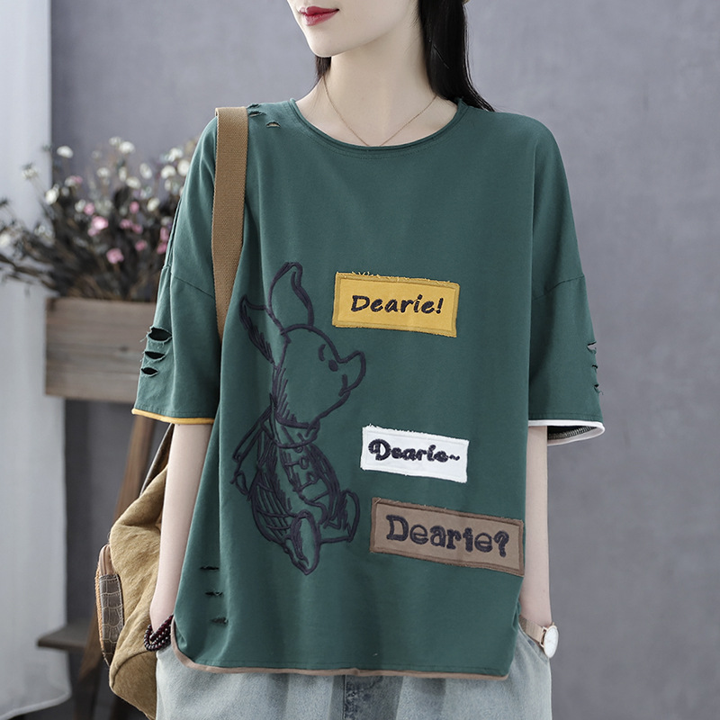 Arte vintage verano nuevo estilo bordado cuello redondo cerquillo algodón camiseta mujer manga corta top suelto