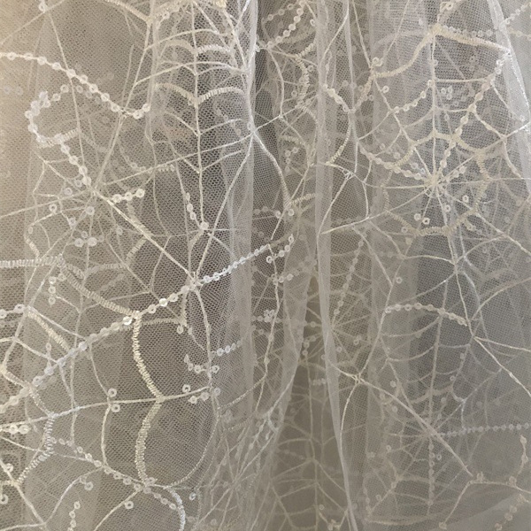 Hongli Technology HLJC-490# New Halloween spider web embroidered sequined fabric women's dress Stage costume Net gauze Sequined embroidery fabric Sequined embroidery supports sample cutting, direct supply and customization in stock Application Scenario