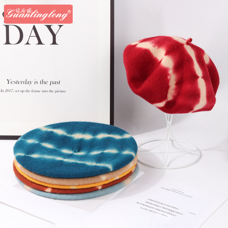 New Tie-Dyed Fine Wool Material Beret Hats For Women, Fashionable And Artistic Artist Hats For Autumn And Winter, Pumpkin Hat Trend