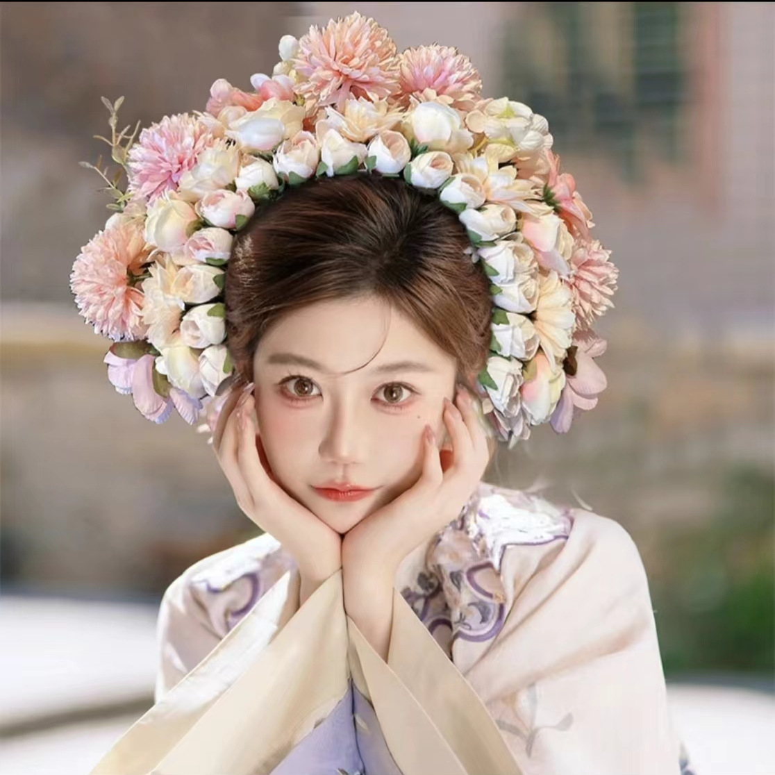 Children's Photography Props Hairpin Flower Headgear Double-Sided Silk Flower Hair Hoop Hanfu Accessories With Artificial Flower Handmade Hair Accessories Specification drawing