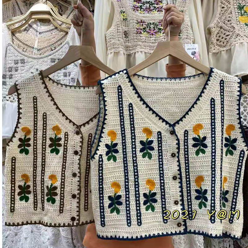 New Korean Version Embroidery V-Neck Knitted Little Waistcoat Women Retro Fashion Hollow-Out Sleeveless Vest Coat Top Specification drawing