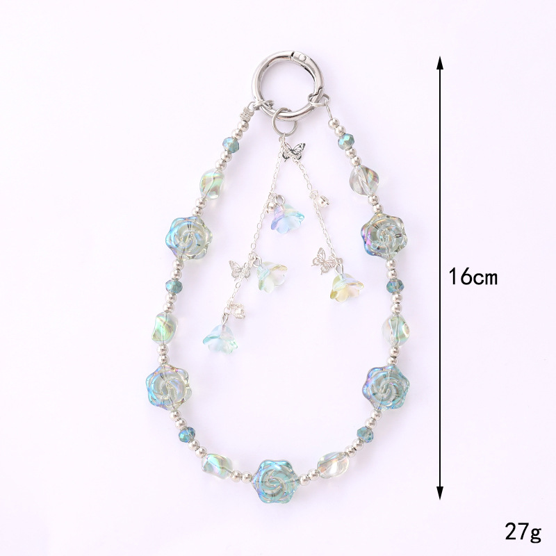 Light luxury and fashionable color-plated rose beaded car keychain, trumpet flower Ins-style mobile phone, luggage and pendant details Picture