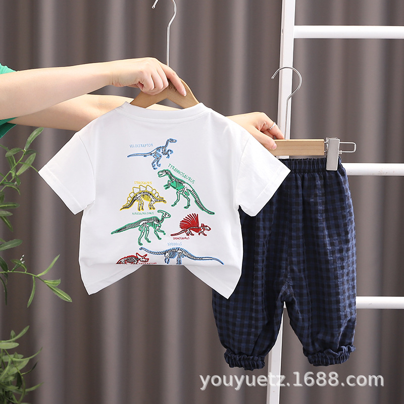 儿童夏季短袖套装2025新款男女童卡通恐龙t恤宝宝衣服防蚊裤2件套