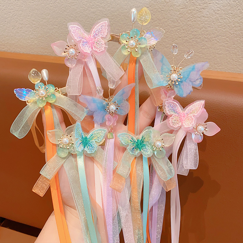 Hanfu Headwear For Children Ancient Style Braid Headband For Girls Chinese Style Streamer Fringe Hairpin Bow Princess Hairpin details Picture