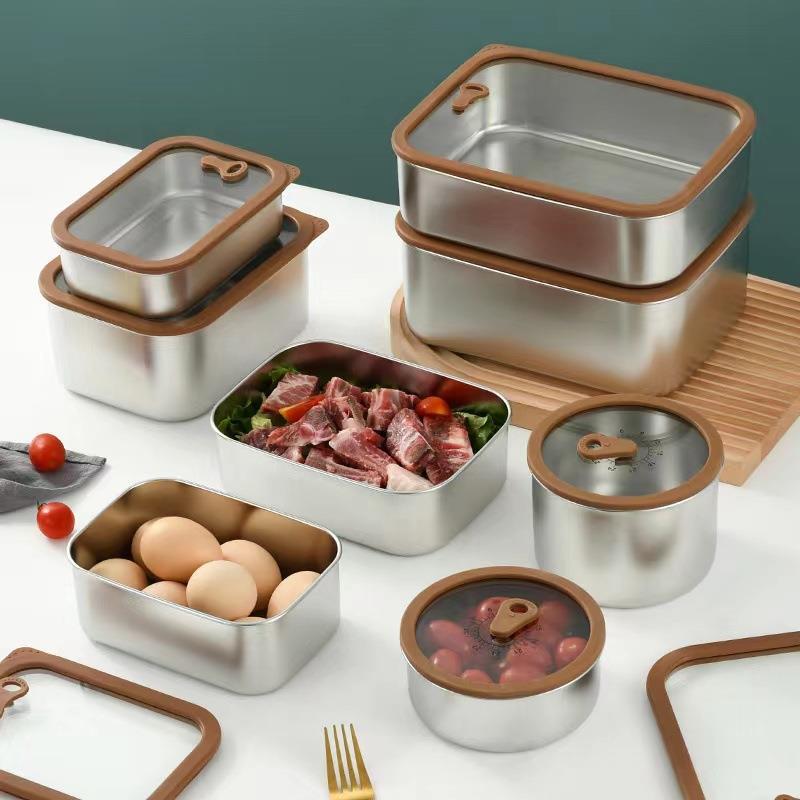 304 stainless steel food storage box, rectangular glass lid, lunch box, refrigerator sealed storage box, lunch box