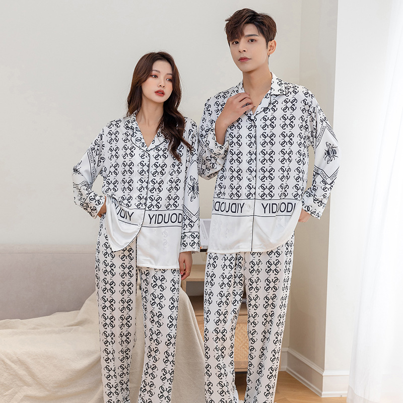 Spring new couple ice silk pajamas with a feminine touch, the same long-sleeved two-piece home wear as the popular ones on Xiaohongshu Item Picture