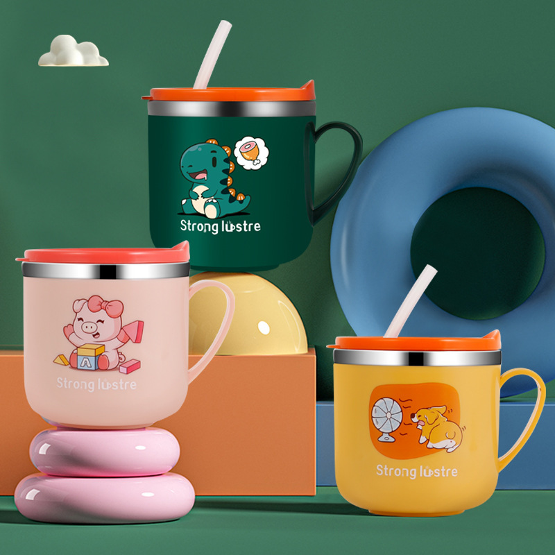 New 304 stainless steel children's water cup with lid and handle Children's milk cup with graduated drinking cup 9325 full figure