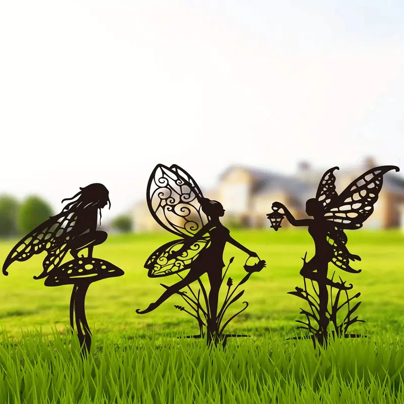 Cross-border garden decoration for fairies Fairies Metal statues art lawn garden Mushroom silhouettes outdoor placards