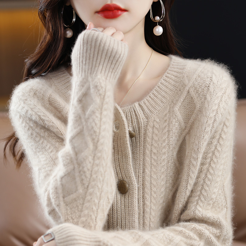 羊绒开衫女圆领纯色加厚上衣羊毛针织衫秋冬毛衣外套宽松图