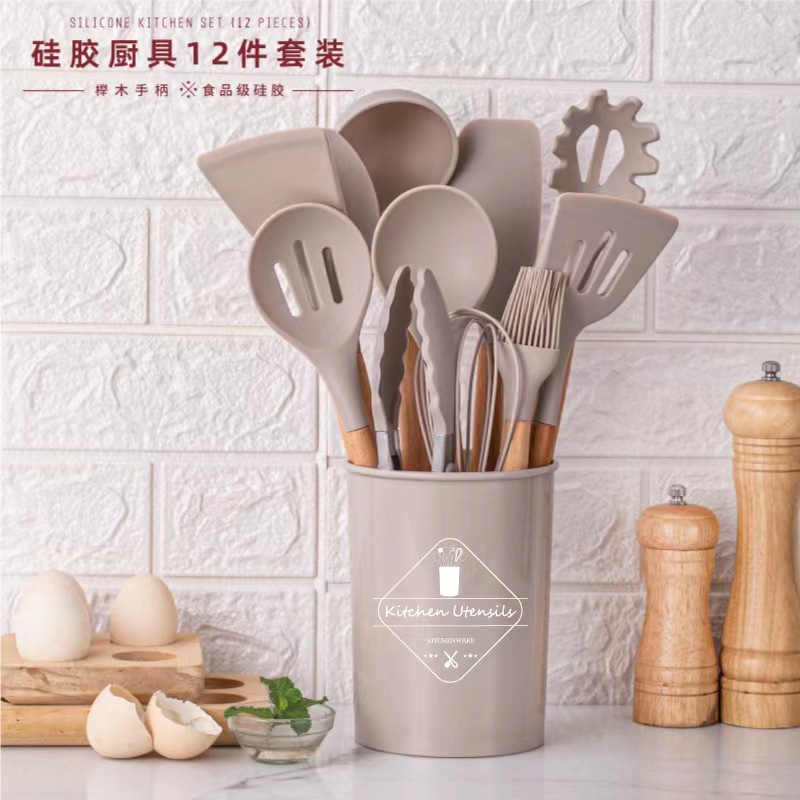 现货批发木柄硅胶厨具12件套收纳桶装不粘锅厨房工具烹饪铲勺套装