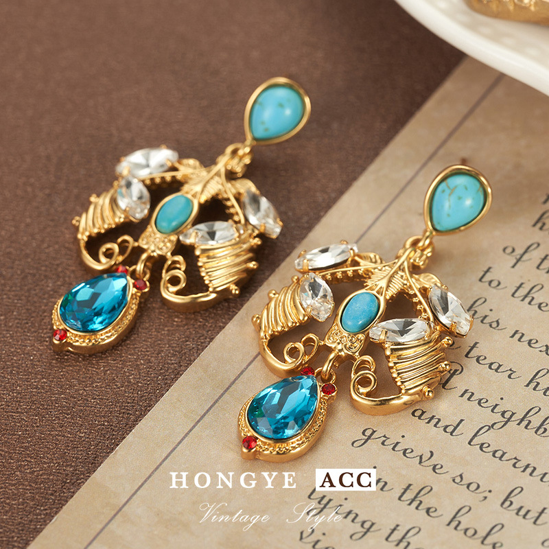 蓝色水滴流苏耳饰S925女镶天然石耳环法式轻奢气质小众松石饰品女