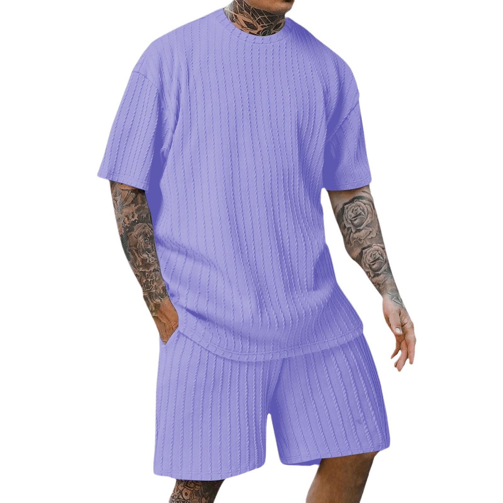 In 2025, Amazon's new bestseller men's sports solid color round neck pullover vertical pattern T-shirt, shorts and short-sleeved two-piece set Item Picture
