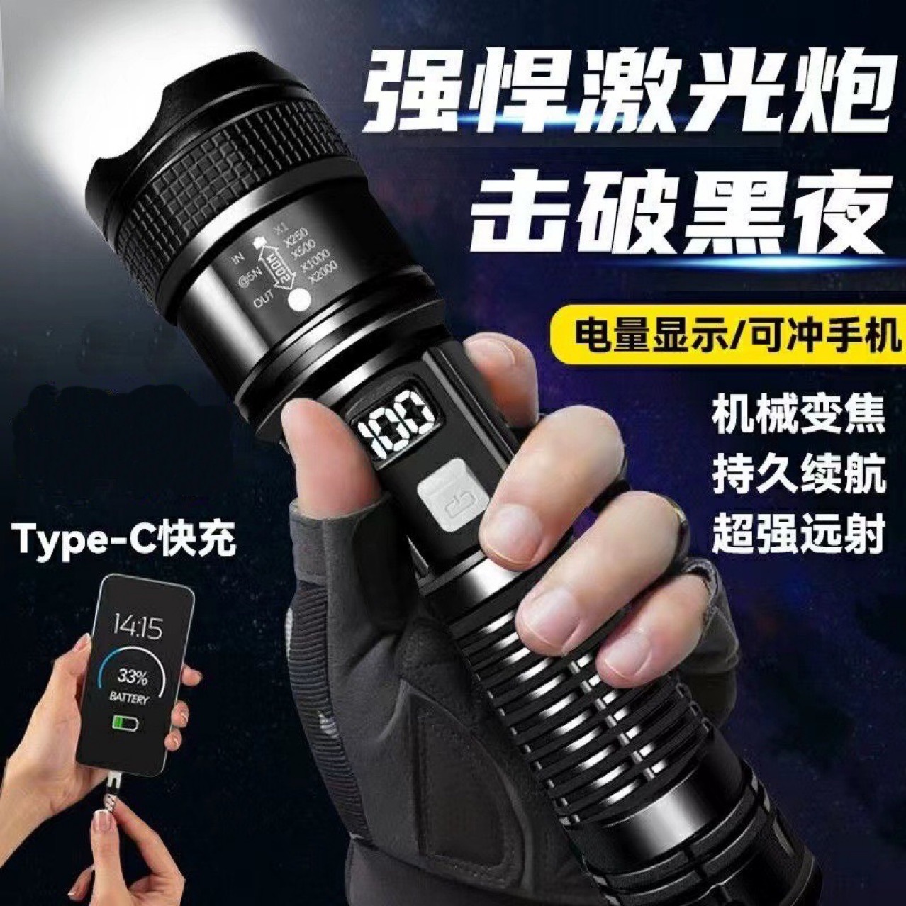 Cross-border outdoor patrol focused long-range high-intensity flashlight portable charging small telescopic and retractable wholesale floodlight P50