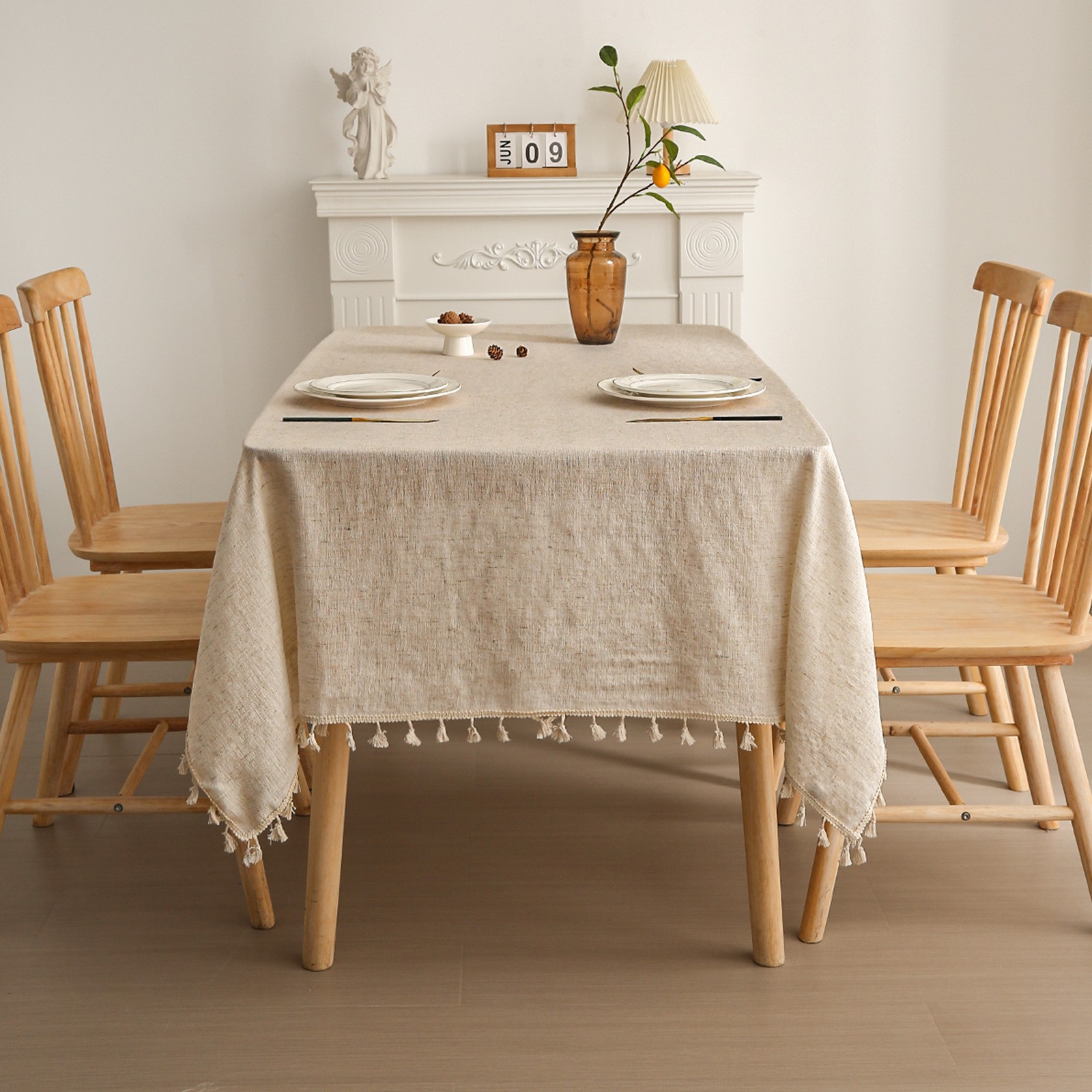 亚马逊爆款日式条纹亚麻桌布桌椅简约素色流苏氛围装饰布餐桌详情11